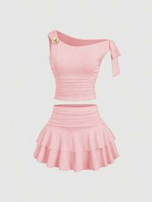 Conjunto de top de tirantes y minifalda plisada y con decoración de flores metálicas para mujer, ideal para el verano - Rosa vieja - Ver 3