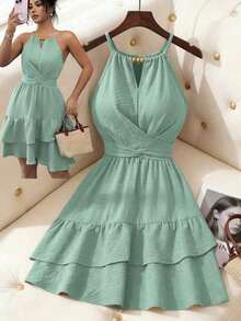 Vestido mini ajustado y acampanado sin mangas, elegante, de color caqui, con lazo de cuentas para mujer, para primavera/verano - Verde - Ver 9