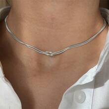 Collar de nudo de cuerda de acero inoxidable - Diseño clásico de cadena de serpiente, estilo de mujer, sin incrustaciones, adecuado para regalos, banquetes y diversas ocasiones - Plateado - Ver 3