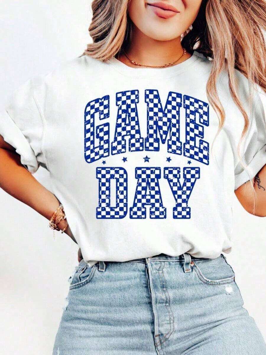 1 Match Day T-Shirt, Football Shirt, Blue And White, Women's Football, Preppy Football, Soccer Mom, Cute Football Shirt, 180g 100% Soft Cotton - 白色-2 - 查看 1