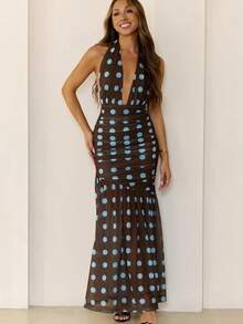 Sleeveless French Floral Lace-Up Dress 2026 - Kopi - View 1
