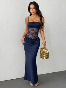 Vestido transparente de encaje con tirantes para mujer  PETITE, ropa sexy para fiestas, citas y festivales, adecuado para otoño e invierno, se puede usar como capa interior. - Azul Marino - Ver 3