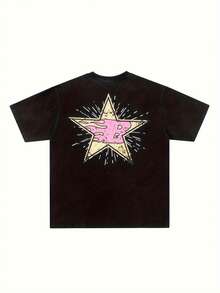 Camiseta Aesthetic Negra con Diseño de Estrellas y Flame Letters, Playera Suelta de Algodón para Mujer, Moda Y2K - Negro - Ver 3