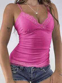 Top de tirantes finos estilo Y2K, de color sólido, sin espalda, ajustado y sexy, con encaje, estilo urbano para graduaciones, ideal para la playa en verano, citas, festivales de música, 4 de julio y más ocasiones informales. - Rosa Fucsia - Ver 7
