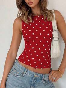 Top sin mangas casual de mujer con lunares, sexy y de moda, adecuado para la calle, fiestas y salir de noche en verano - Rojo - Ver 1
