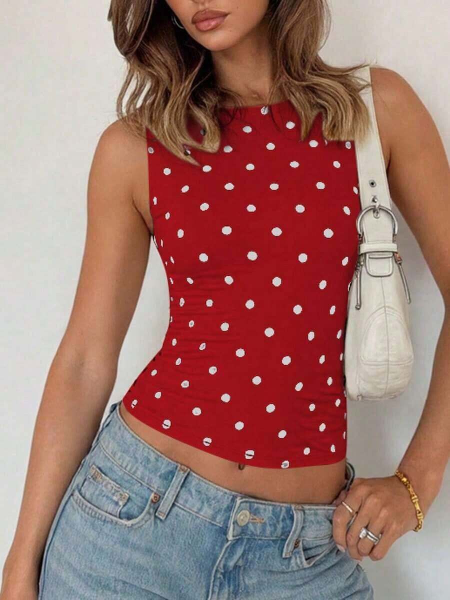 Top sin mangas casual de mujer con lunares, sexy y de moda, adecuado para la calle, fiestas y salir de noche en verano - Rojo - Ver 1