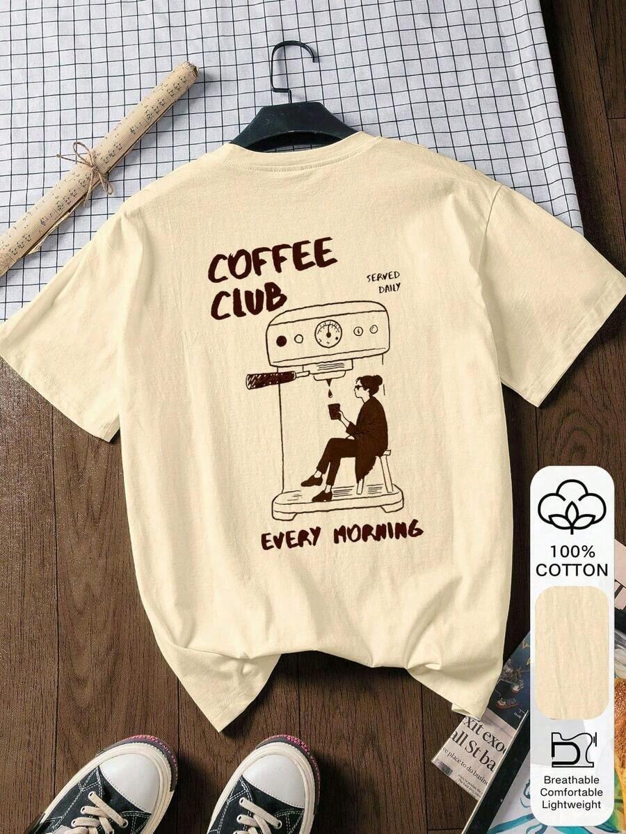 Blusa de verano casual de 100% algodón con estampado de club de café, camiseta gráfica, tela suave, ropa de algodón, parte superior para exteriores, estampado impreso, camiseta de verano, camiseta de mujer, blusa de verano, atuendo de vacaciones, estilo de viaje, ambiente de playa, ropa de resort minimalista - Albaricoque - Ver 1