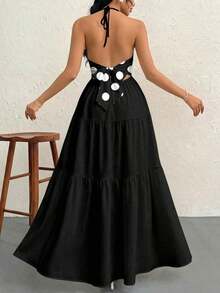 Vestido maxi sin espalda con cuello halter de crepé y lazo para ocasiones en complejos turísticos y bodas - Multicolor 5 - Ver 3