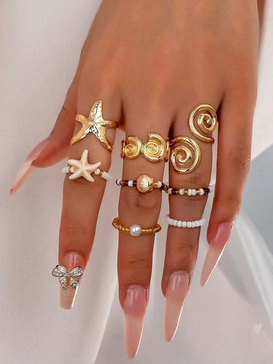 Set Of 3 Summer Beach Rings With Starfish, Shell And Scallop, Women's Jewelry Accessories For Vacation And Travel, Gift - 彩色 - 查看 1