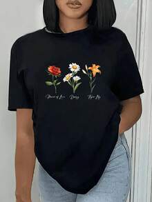 GiftMujer Camiseta de Manga Corta con Estampado de Flores Rosa Margarita y Tulipán Diseño Divertido para el Amor la Pureza y la Felicidad Casual para Mujeres Talla S a XXLSoft - Negro - Ver 3