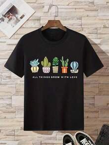 Gift 100% Cotton T-Shirt With Cactus And Succulent Print And The Phrase "All Things Grow With Love", Oversized Casual Short Sleeve T-Shirt For Women, Fresh And Positive Minimalist Streetwear Style, Ideal For Everyday Wear And Gift, Colors: White And Blue Available, Plus Size Available, Soft - 黑色 - 查看 6