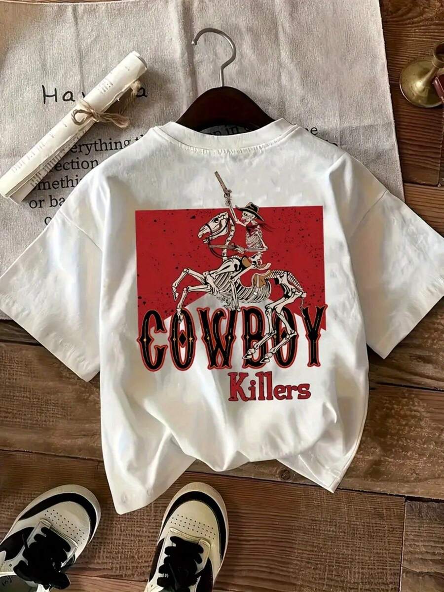 Camiseta Casual con Estampado Direccional de Motivos Naturales en la Parte Delantera y Trasera, Cuello Redondo, Estilo Y2k - Negro - Ver 1