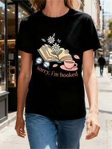 Camiseta de Mujer, Camiseta Casual Estampada de Cuello Redondo para Damas, Camiseta con Estampado Artístico, Camiseta de Anime, Camiseta Única, Uso Diario, Regalo Perfecto para Hombres, Almacén Local en EE. UU., Selección Festiva, Holgada, Cómoda, Diseño Moderno, Transpirable, Camisetas de Manga Corta para Mujer. - Negro - Ver 6