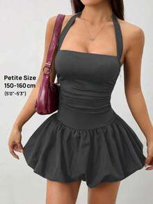 Vestido informal corto de unicolor con cuello de lazo y espalda descubierta para mujer - Gris Oscuro - Ver 10
