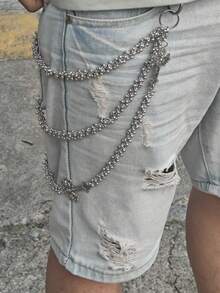 Y2K极简主义十字串珠花朵三层银色裤链时尚男女奢华配饰复古钥匙扣万圣节礼物 - 銀色 - 查看 4