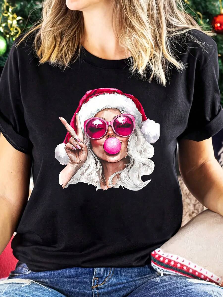 1 Piece Women's Christmas Anime Graphic Tee - Casual Short Sleeve Round Neck Top With Festive Santa Hat And Pink Glasses Design, Black Color, For Wear In All Seasons, Y2k Christmas Tees. - 黑色 - 查看 1