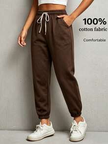 Pantalones de trabajo para mujeres en unicolor con cordón elástico en el puño, adecuados para primavera y verano - Café integral - Ver 2