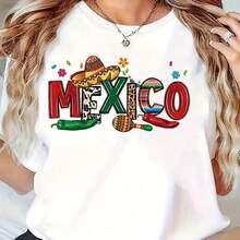 Camiseta de Mujer con Estampado Mexicano - Suave, Transpirable, Ligera, de Cuello Redondo y Manga Corta, Estampada con Sombrero Mexicano, Chihuahua y Cactus - Ropa Unisex para Vacaciones en México - Blanco - Ver 6