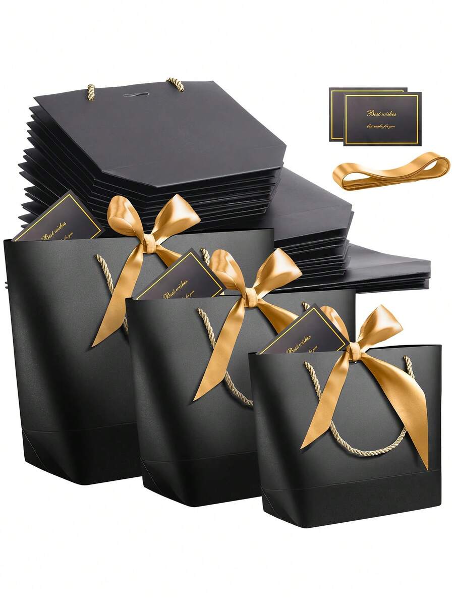 Schwarze Geschenktüte mit goldenem Schleifenband, geeignet für Party, Hochzeit, Gäste, Geburtstag, Weihnachten, Brautjungfer, Valentinstag, Abschlussfeier, Feier, Feiertag - Mehrfarbig - Übersicht 1