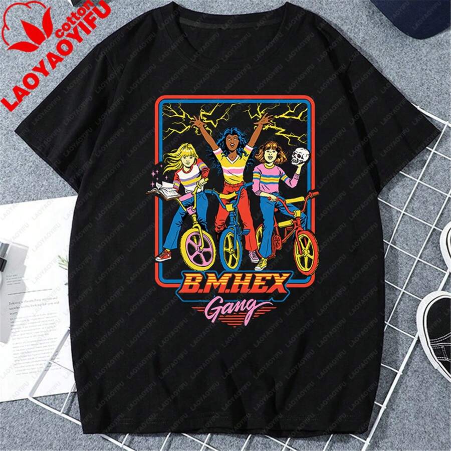 Casual Short-Sleeved Knit T-Shirt With Unique Graphic Print, Vintage Style Top For Women. - 黑色 - 查看 1