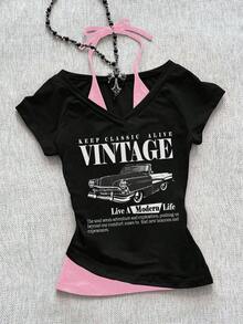 Camiseta de mujer casual de cuello en V retro, con atar, de manga corta y contraste de color, adecuada para el verano - Rosa - Ver 12