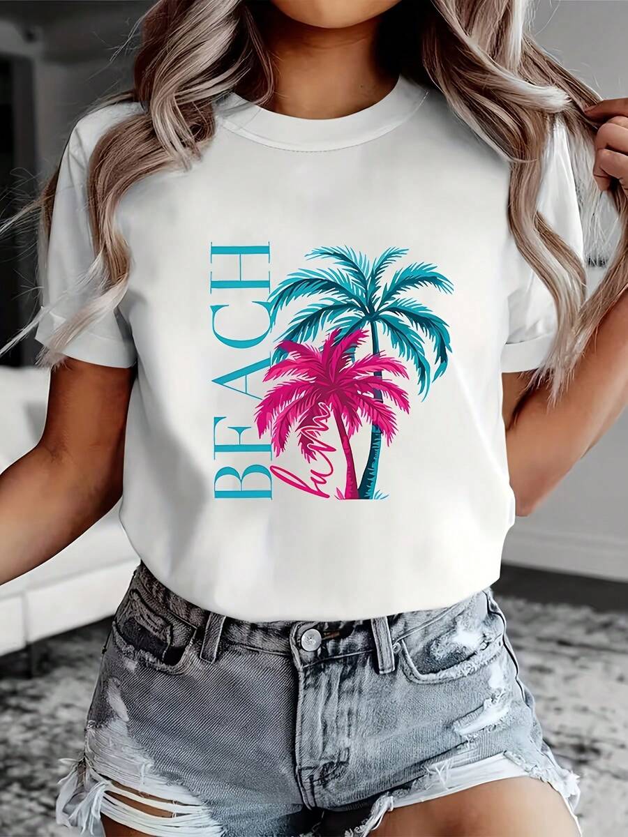 Estampado con diseño de cocoteros - Primavera y Verano - Camiseta casual de manga corta con cuello redondo para mujer - Adecuada para s de vacaciones en la , un artículo de moda imprescindible para tu guardarropaTraje de playa para damas / Chica veraniega / Estilo vacacional con plantas tropicales verdes / Paseo por la playa, edición limitada de verano / Versión fresca y cómoda para viajes de verano - Blanco - Ver 1