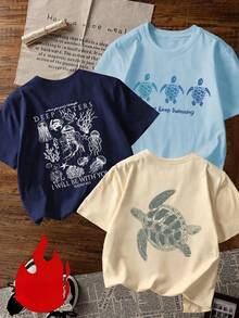 1 pieza de camiseta de manga corta con cuello redondo para mujer, con estampado colorido de letras, palmeras y flores, moderna y versátil, adecuada para el uso diario de mujeres, para el ocio en vacaciones y para las vacaciones de primavera y verano. - Albaricoque - Ver 1