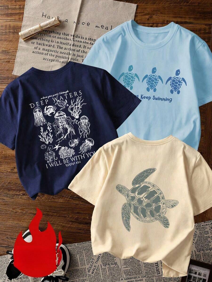 1 pieza de camiseta de manga corta con cuello redondo para mujer, con estampado colorido de letras, palmeras y flores, moderna y versátil, adecuada para el uso diario de mujeres, para el ocio en vacaciones y para las vacaciones de primavera y verano. - Albaricoque - Ver 1