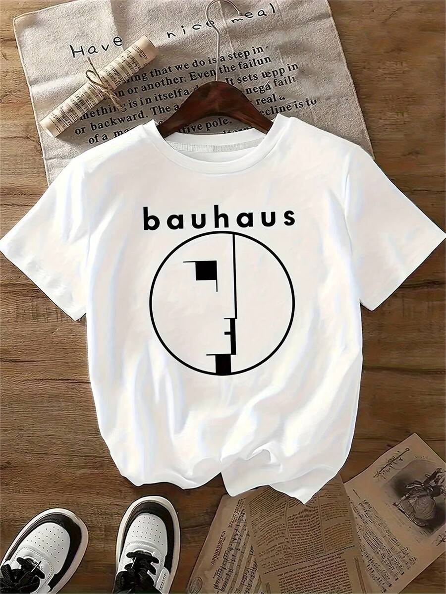 1 Piece Women's Bauhaus Style T-Shirt - White, Minimalist, Short-Sleeved, Round Neck With Bauhaus Lettering And Iconic Bauhaus Building Print - Casual Wear, Architecture-Inspired Design, Machine Washable, Ideal For All Seasons, For Designers And Bauhaus Fans - Ideal Birthday Or Graduation Gift, Perfect For Spring And Summer, Relaxed Fit With Bauhaus-Inspired Graphic Print, Ideal For Casual Outings And Informal Outfits, Summer Fashion, Lightweight Fabric, Breathable Material, Unisex Cut, Y2k Style T-Shirt. - 黑色 - 查看 1