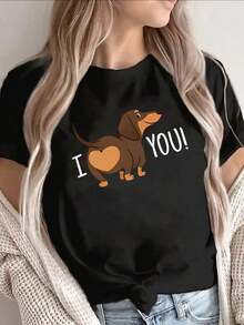Women's Dachshund Print T-Shirt - "I Heart You" And Sausage Dog Design, Round Neck And Short Sleeve, Soft And Stretchy Fabric, Lightweight And Casual Clothing For Dachshund Lovers, Machine Washable For Pet Owners, Cute Blouses, 100% Cotton - 黑色 - 查看 1