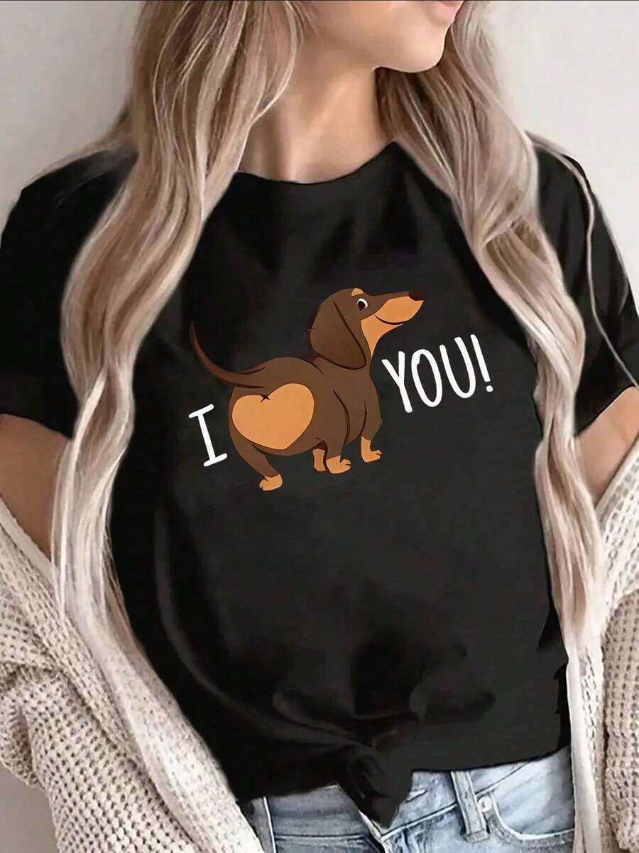 Women's Dachshund Print T-Shirt - "I Heart You" And Sausage Dog Design, Round Neck And Short Sleeve, Soft And Stretchy Fabric, Lightweight And Casual Clothing For Dachshund Lovers, Machine Washable For Pet Owners, Cute Blouses, 100% Cotton - 黑色 - 查看 1