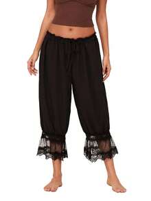 Women Lace Trim Bloomers Casual Elastic Mid Rise Ruffle Cropped Pants Loose Slips Trousers Comfort Bottoms - Black - View 1