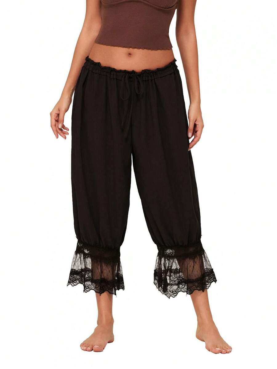 Women Lace Trim Bloomers Casual Elastic Mid Rise Ruffle Cropped Pants Loose Slips Trousers Comfort Bottoms - Black - View 1