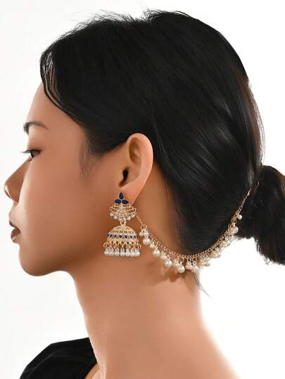 时尚仿珍珠镶嵌耳环，配发链，传统中东风格Jhumka耳环，适合婚礼、女士派对佩戴