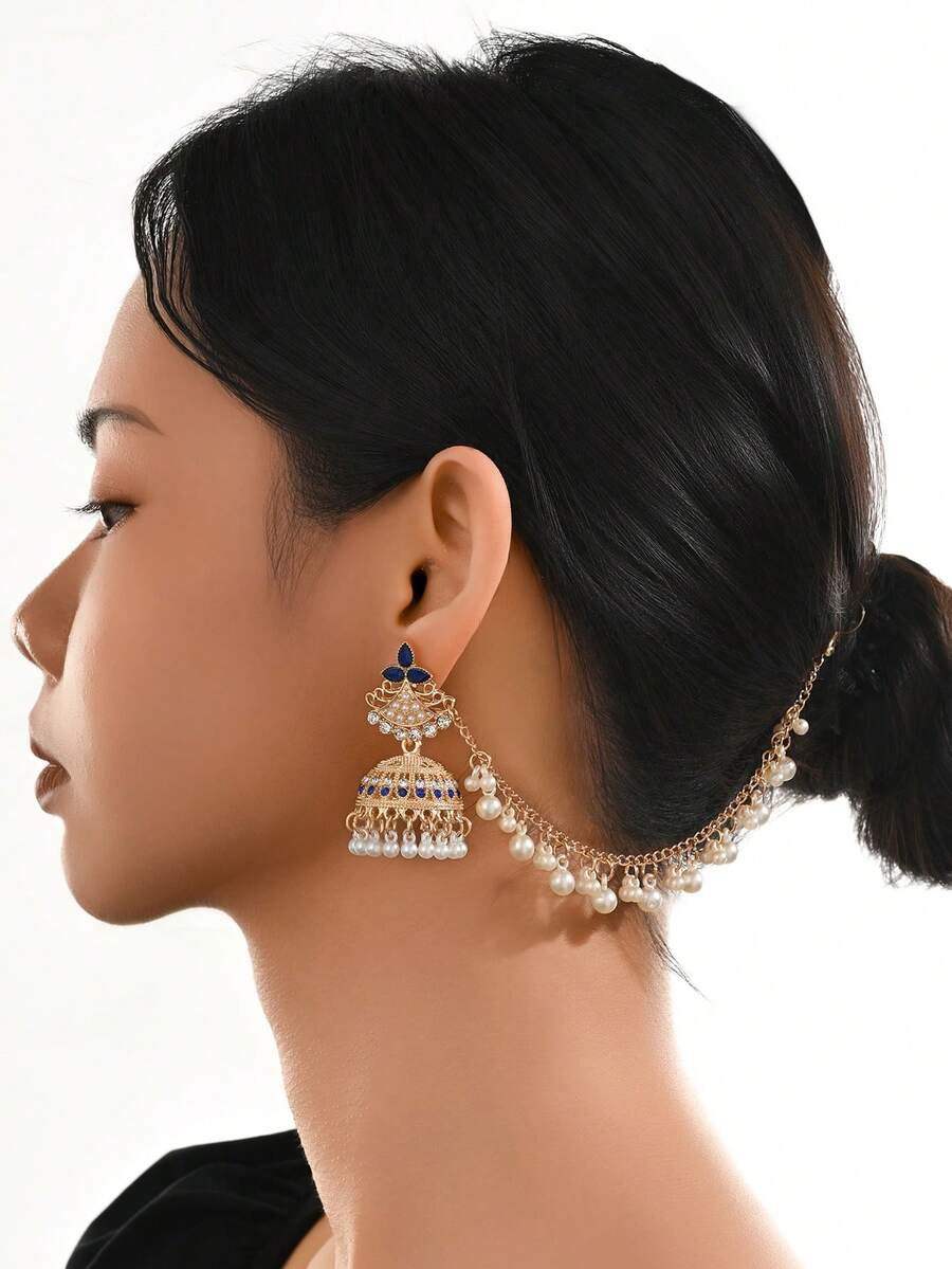 时尚仿珍珠镶嵌耳环,配发链,传统中东风格Jhumka耳环,适合婚礼、女士派对佩戴 - 掛鏈耳環 - 查看 1