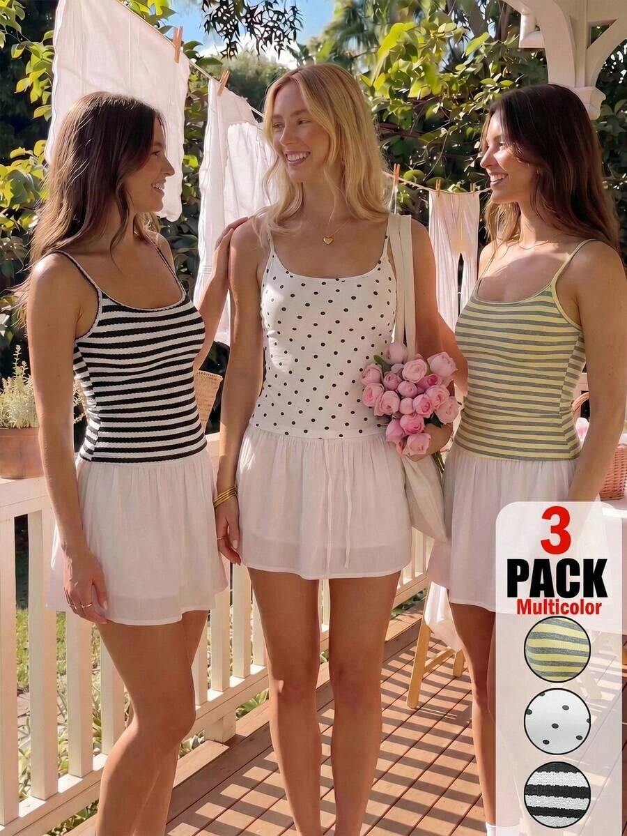 Set de 3 camisetas ajustadas de estilo minimalista casual con estampado de leopardo en blanco y negro, de estilo versátil adecuado para el verano - Multicolor 5 - Ver 1