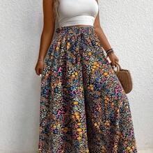 Plus Size Floral Printed Wide Leg Casual Vacation Pants Fall Cloth For Women - Multicolor - Ver 6