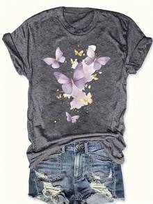 Plus Size Women's Plus Size T-Shirt With Purple Butterfly And Letter Print - Round Neck, Warm And Casual For Winter, Comfortable Casual Clothing For Plus Sizes, Cozy Machine Washable Blouse For Autumn And Winter - 深灰色 - 查看 1