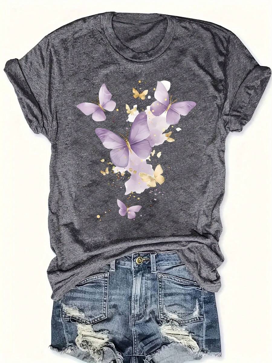 Plus Size Women's Plus Size T-Shirt With Purple Butterfly And Letter Print - Round Neck, Warm And Casual For Winter, Comfortable Casual Clothing For Plus Sizes, Cozy Machine Washable Blouse For Autumn And Winter - 深灰色 - 查看 1