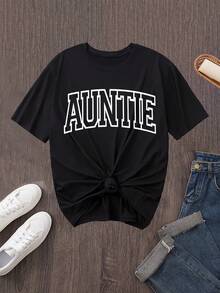 Talla grande, camiseta de mujer con estampado de letras AUNTIER, talla grande, cuello redondo - Negro - Ver 6