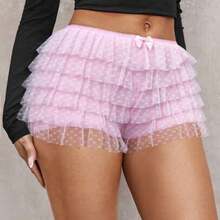 Plus Size Women's Fashion Sexy Street Teen Girls Polka Dot Lace Ruffle Trim Low Waist Mini Shorts, Ballet Style, Suitable For Everyday Wear, Western Wear, Cruise Attire, Music Festival, Concert, Carnival Party, Beach Vacation, Date Night, Birthday, Bachelorette Party, Club, Cute, Casual, Shopping, Streetwear, Going Out, Easy To Match & Looks Slim, Accent Your Body, Flatter The Figure Mini Short Micro Short - Rosa Pálido - Ver 1