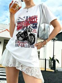 Vintage Motorcycle Graphic Tee, Retro Biker Aesthetic Print T-Shirt, Casual British Flag Short Sleeve, Trendy Biker Vibe Top - Blanco - Ver 1