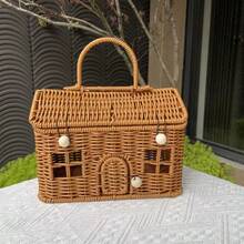 1 Covered Woven Home Style Storage Basket - Durable Plastic Rattan-Style Storage Container, Cottage Woven Design, Suitable For Indoor And Outdoor Use,H Hidden Lid, For Storing Blankets, Groceries - Home Decor Storage Basket, Suitable For Bookshelves, Wall Shelves, Etc. - Xem 7