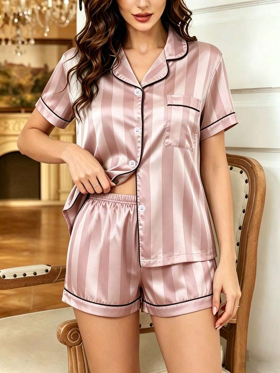 2pcs Women Short Sleeve Top And Shorts Pajama Set, Casual Loose Striped And Printed Collared Button-Up Homewear, Simple And Comfortable For Indoor And Outdoor Wear, Spring/Summer/Autumn/Winter - Pink - View 1