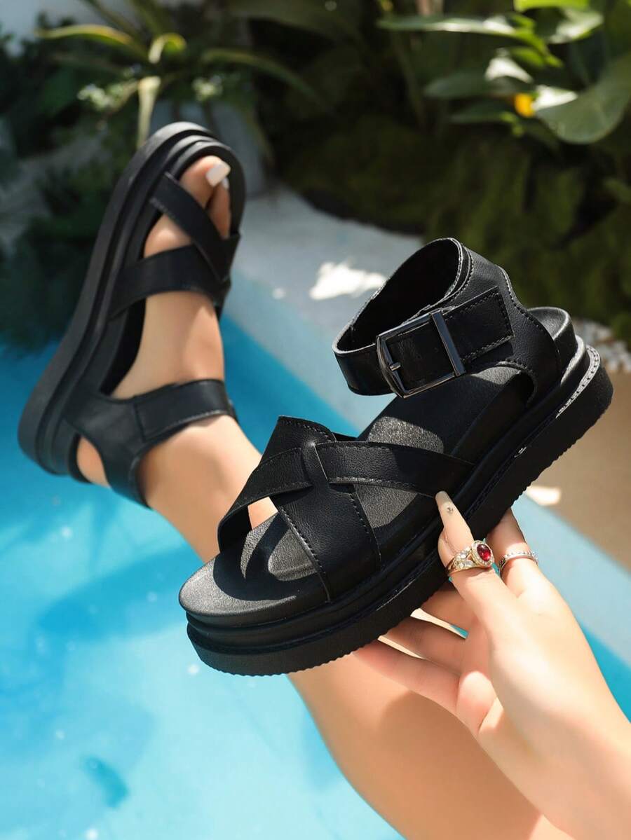 Women's White Cross Strap Platform Sandals, Summer Casual Open Toe Shoes With Adjustable Buckle Ankle Strap, Thick Black Non-Slip Sole, Lightweight PU Leather, Soft Breathable Insole, Comfortable All-Day Wear, Versatile For Beach - Black - View 1