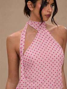 Vestido mini de mujer con estampado de lunares, estilo vacacional, de escote de halter - Rosa - Ver 5