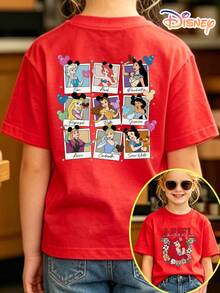 Disney Princess Squad Kids T-Shirt, Ariel Front Print & Princess Photo Collage Back Design, 100% Cotton, No Fade, Unisex For Boys & Girls, Ideal For Theme Park, Family Vacation, Daily Casual Wear & Travel Outfit, Great Children's Day Gift For Kids Ages 4-12 - 紅色 - 查看 1