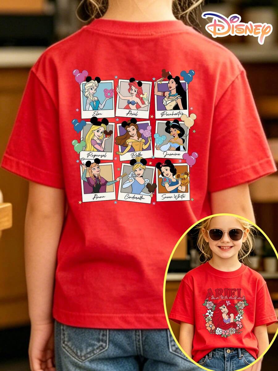 Disney Princess Squad Kids T-Shirt, Ariel Front Print & Princess Photo Collage Back Design, 100% Cotton, No Fade, Unisex For Boys & Girls, Ideal For Theme Park, Family Vacation, Daily Casual Wear & Travel Outfit, Great Children's Day Gift For Kids Ages 4-12 - 紅色 - 查看 1