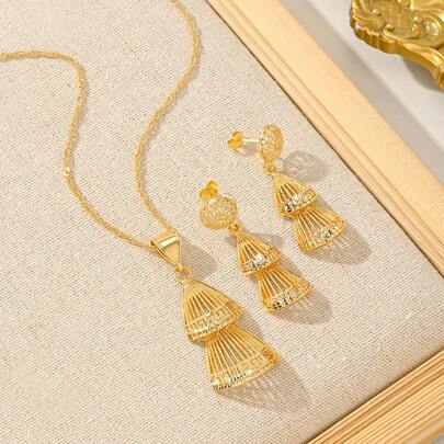 Bohemian Style Hollow Bell Jewelry Set, Gold-Plated Pendant Earrings And Necklace, Unique Luxury Women's Golden Jewelry Skirt Style