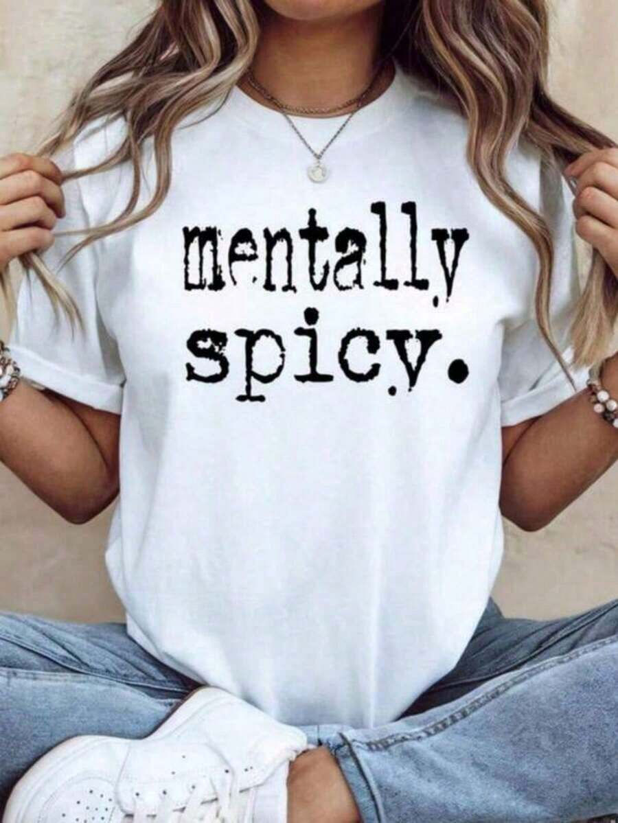 1 camiseta "Mentally Spicy", camisetas sobre salud mental, camiseta "La salud mental importa", camisetas inspiradoras para mujeres, camiseta para la ansiedad, camisetas deportivas para mujeres, camiseta estampada de cuello redondo con diseño gráfico. Conjuntos de Verano para Mujer, Ropa de Vacaciones para Mujer, Elegantes 180g 100% Algodón - Blanco - Ver 1